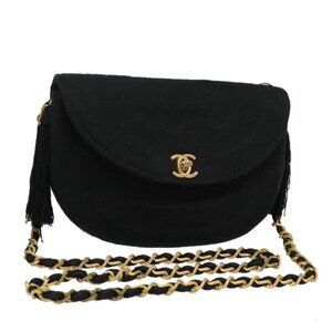 CHANEL Chain Shoulder Bag Cotton Black Gold CC